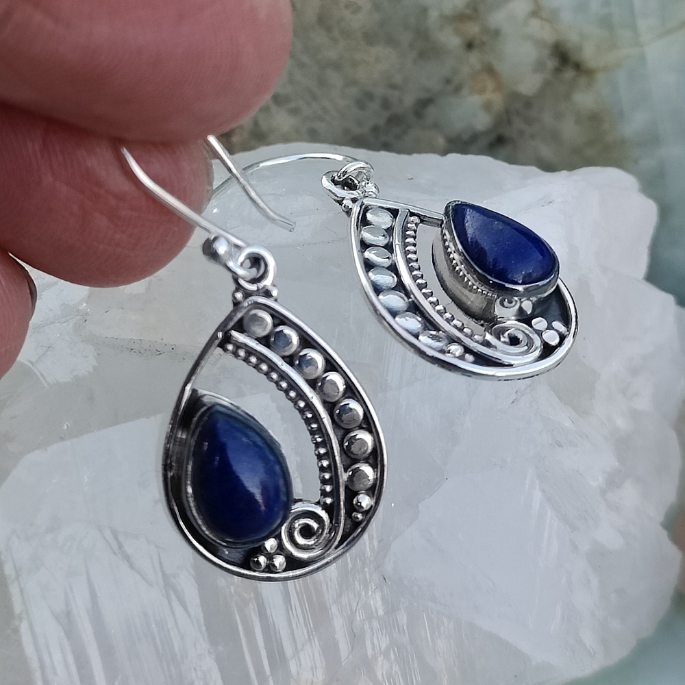 Natural Mined Lapis Lazuli & Sterling Silver Dangle Earrings